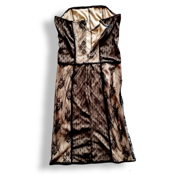 Strapless, black lace, knee length, corset dress with light beige/ tan under lay - Picture 3 of 8